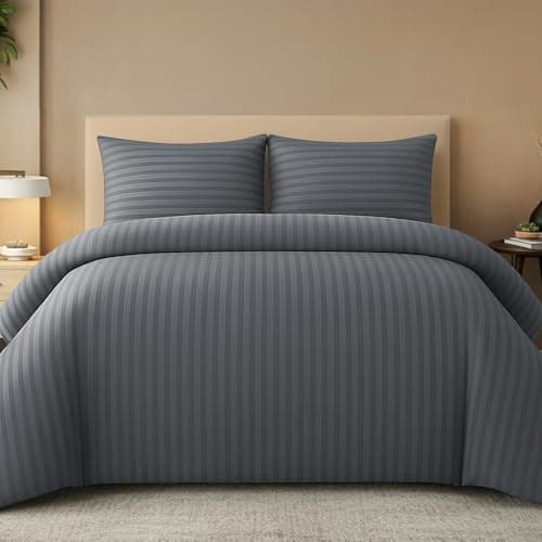 Image of Pamposh Satin Stripe Double Duvet Set - Premium Hotel Quality Quilt Cover Bedding Sets - Hypoallergenic Ultra Soft Microfiber Bed Linen