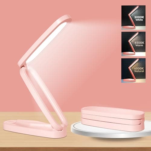 Image of Pink Rechargeable Desk Table Lamp - Small LED Office Home & Battery Operated Cordless Reading Lamp Foldable & Portable Light,3 Color Temperatures and Brightness Dimmable Wireless Bedside Desk Lamp