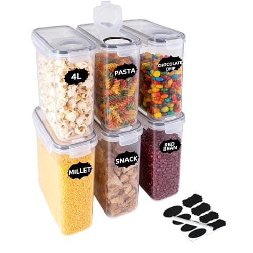 Image of Set of 6 Cereal Storage Container 4L Airtight Food Cereal Dispenser Containers Stackable Kitchen Storage Boxes Plastic Pantry Organization with Lock Lids for Cornflakes Flour Sugar Pasta