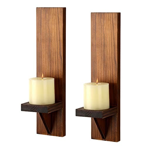 Image of BSTKEY Set of 2 Wooden Wall Candle Sconces, Decorative Candle Holder Wall Mounted Pillar Candle Stand, Brown Votive Candlestick Sconce