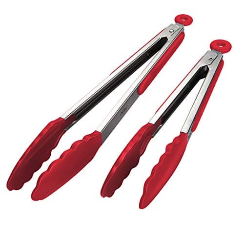 Image of iNeibo Kitchen Tongs - 9'' & 12'' Non-Slip Smart Locking Stainless Steel Cooking Tongs with Silicone Tips for Grilling BBQ Serving Salad Ice (Red)