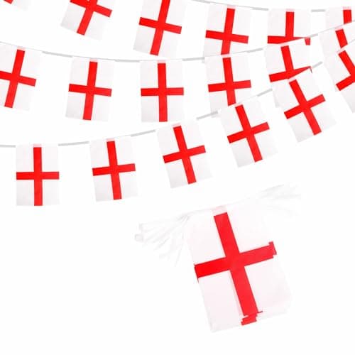 Image of England St Georges Cross Bunting 10m - 30 Flags 14x21cm, Euro Football 2024 Banner Party Decorations for Sports Events Bar Garden Indoor Outdoor