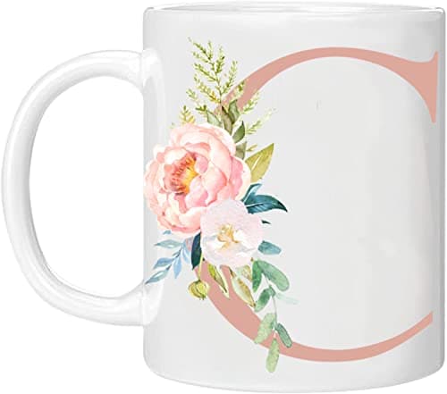 Image of MOBILE STUFF Personalised Floral Mug Letter C - Any Letter Alphabet 11oz Ceramic Coffee/Tea Cup Printed Glitter, NOT Real Glitter (Rose - C)