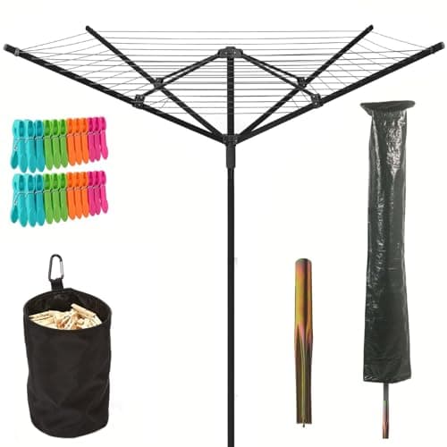 Image of Livhome 50m Black Rotary Airer Clothes Line With 4 Arms For Laundry Drying Washing Outdoors Garden | Heavy Duty | Washing Line With Free Ground Spike, 24pcs Clothes Pegs, Cover and Pegs Bag