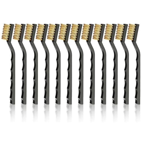 Image of 12Pcs Mini Wire Brush Set, Small Brass Wire Brush with Plastic Handles, Multipurpose Kitchen Cleaning Tools for Welding Slag, Metal Work Pieces, Greasy Dirt, Stain and Rust