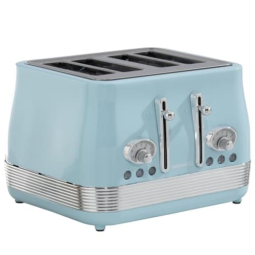 Image of Daewoo Denver 4 Slice Toaster – Sky Blue, Retro Vintage Design, Wide Slots, Defrost, Reheat, Cancel Functions, Browning Control, Removable Crumb Trays – Ideal for Family Kitchens