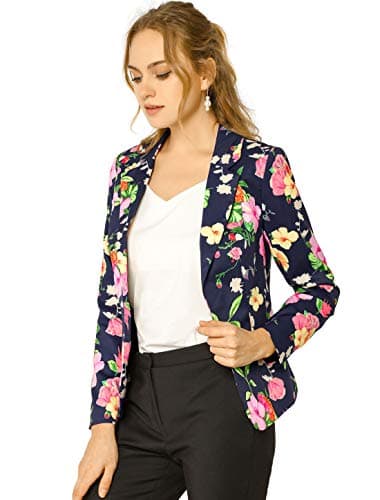Image of Allegra K Women's Open Front Notch Lapel Printed Business Casual Suit Blazer Jacket, Navy Blue-Floral, L
