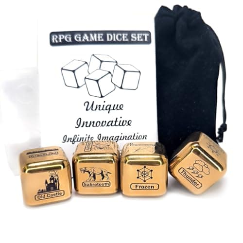 Image of Fantasy RPG Dice Set - Crafted from Stainless Steel, Set Includes 4 Dice, Storage Container, Velvet Bag, Guidebook, and Laser Etched Designs of Scenarios, Weather, Magic & Mounts