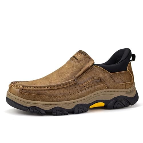Image of UPIShi Men's Hands Free Slip On Leather Loafers Casual Walking Lightweight Cushioned Comfort Office Business Outdoor Shoes Khaki 9