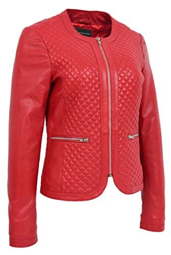 Image of A1 FASHION GOODS Women Collarless Soft Red Leather Jacket Biker Style Fitted Quilted Stitch Remi (18)