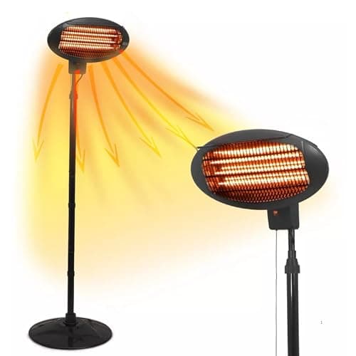 Image of 2KW Free-Standing Outdoor Electric Garden Patio Heater – Adjustable Height, 3 Heat Settings (650W/1350W/2000W), Weatherproof, Black – Ideal for Outdoor Warmth