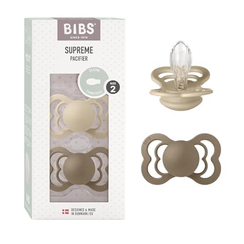 Image of BIBS Supreme Dummies 2-Pack, BPA Free Dummy Pacifier, Silicone Symmetrical Nipple Soother, Size 2 (6-18 Months), Vanilla/Dark Oak