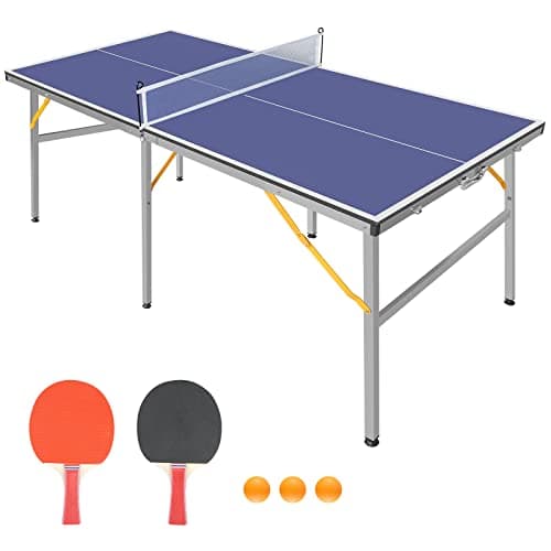 Image of REXOUS 6ft Mid-Size Table Tennis Table Foldable & Portable Ping Pong Table Set for Indoor & Outdoor Games with Net, 2 Table Tennis Paddles and 3 Balls,blue