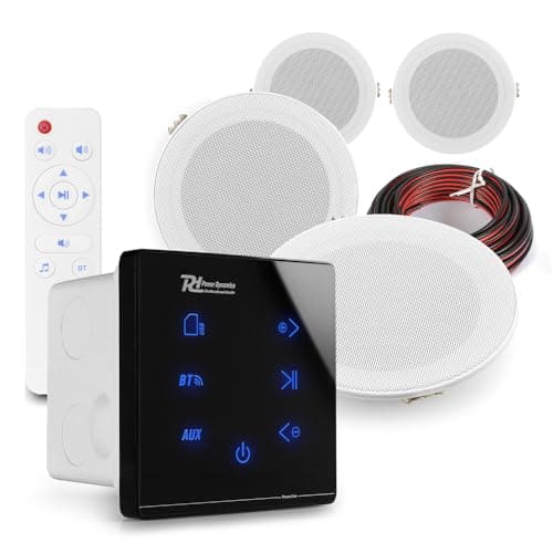 Image of Power Dynamics 4x PD MSLP50 Marine Ceiling Speakers with A100B Black Wall Amplifier - Bluetooth Weatherproof Ceiling Speakers for Bathrooms & Outdoors, IPX5 Outdoor, 40m Cable Included