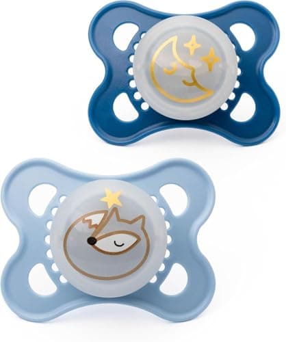 Image of MAM Original Night Soothers | 0-6 Months | 2 Pack | Glow in the Dark | Comes in Dummy Steriliser Case | Baby Accessories for Newborn | Blue (Various Designs)