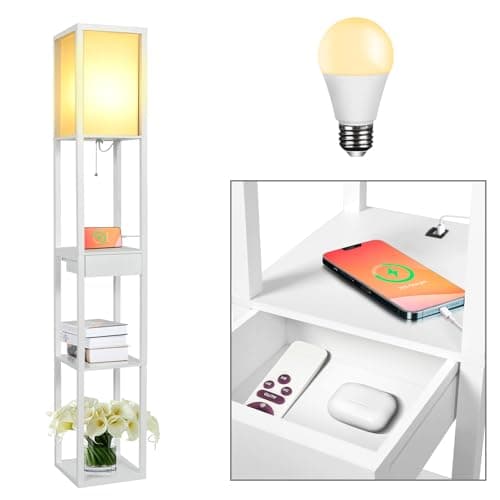 Image of PULUOMIS Floor Lamp with Shelves, 3 Tier Storage Standing Lamp with LED Bulb, 2 USB Charging Ports and 1 Drawer, Modern Reading Lamp for Living Room, Bedroom, Office, Home Decoration, White