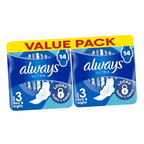 Image of Always Ultra Day & Night Sanitary Towels with Wings Size 3-28 Pads (Pack of 2x14), Locks Leaks & Odours, Dermatologically Tested, SecureFit, Comfortable Wear