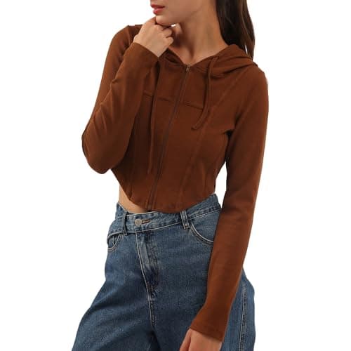 Image of Amazhiyu Womens Zip Up Hoodie, Womens Hooded Cropped Top Long Sleeves Stretchable Silm Fit Sweatshirts Brown