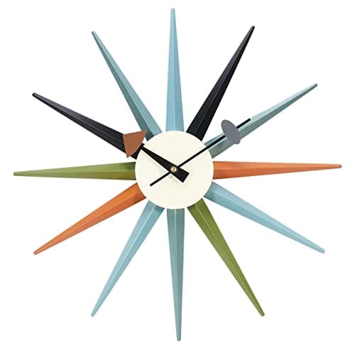 Image of SHISEDECO Modern Sunburst Clock in Multicolor, Non Ticking Wooden Mid Century Retro Design Decorative Silent Wall Quartz Clocks for Home, Living Room, Office and Bedroom etc.