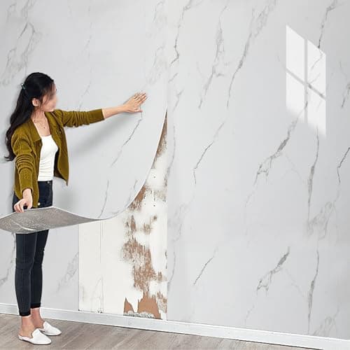 Image of Tarwanear Marble White Tile Stickers 300cm x 40cm Self Adhesive Wallpaper Waterproof Thermal Insulation Wallpaper Peel and Stick Wall Panels PVC Stick On Kitchen Home Wall Bathroom Decor, 1Roll