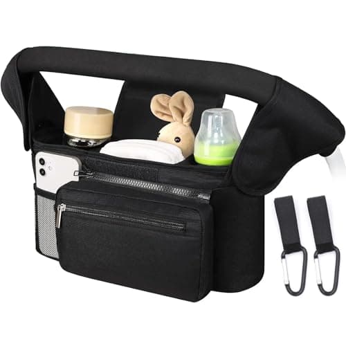 Image of Baby Pushchair Organiser,Baby Pram Bag Stroller,2 Insulated Cup Holder, Large Capacity, Detachable Zippered Pocket, Adjustable Shoulder Strap & Non-Slip Hooks - Fits Any Pram Handlebar (Black)