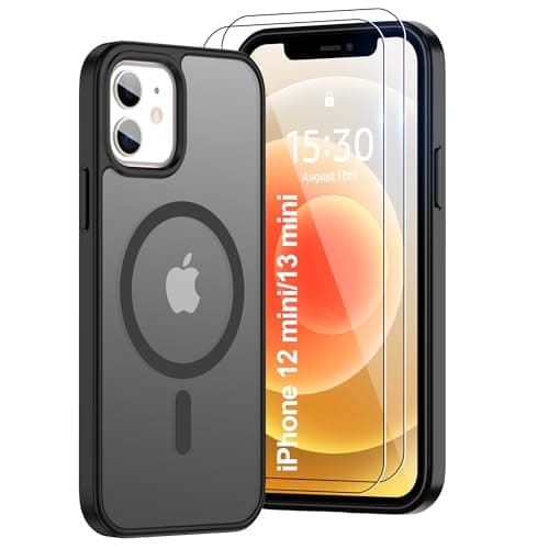Image of Pilaru Magnetic Case for iPhone 12 Mini/13 Mini [Compatible with MagSafe] 2X Screen Protector | Anti-Fingerprint, Shockproof, Skin-friendly Slim Fit Translucent for iPhone 12/13 Mini-Matte Black