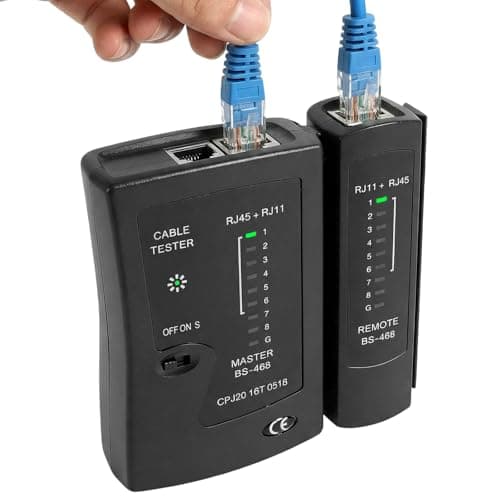 Image of Network Cable Tester, Ethernet Tester with LED Indicator, RJ45 Tester for Cat5, ‌Cat5e, Cat6, ‌Cat6a, ‌Cat7, Cat8 LAN Cable & RJ11 Phone Cable, Network Cables Test Tool, Black (Battery Not Included)