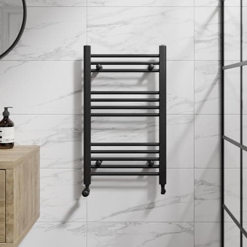Image of DuraTherm® 750 x 450mm Flat Straight Heated Towel Rail Radiator Modern Central Heating Bathroom Warmer Wall Mounted Ladder Rad, Matt Black