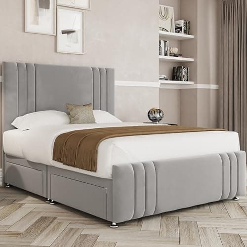 Image of THE BED VILLAGE YORKSHIRE Ripon with Footboard Divan Double Bed and Mattress Included, Headboard & 2 Drawers Same Side | Silver Grey Plush Fabric | British Timber | Sustainable Handcrafted Design