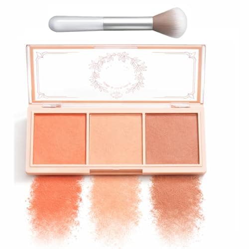 Image of Three-Tone Matte Blusher Palette for Cheeks & Face - Soft Peach Rose Coral Powder, Buildable Long-Lasting Colour with Dual-Ended Brush, Natural Finish Makeup Kit for Everyday Wear