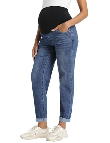 Image of Foucome Women's Maternity Jeans Stretch Boyfriend Jeans Over Belly Loose Pregnancy Denim Pants, Dark Blue Large