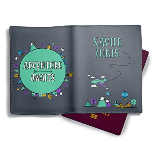 Image of NOT JUST A PRINT My First Passport Cover Personalised - with Any Kids Name | Colourful UK Passport Holder for Children's Child's 1st Passport Adventure Awaits Wallet (Dark Grey/Green)