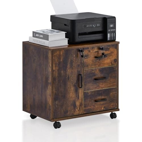 Image of TUKAILAi 3-Drawer Mobile Filing Cabinet Lockable – Under Desk Pedestal on Castors, Printer Stand & Stationery Storage Unit for Home Office, Rolling File Drawer (Brown)