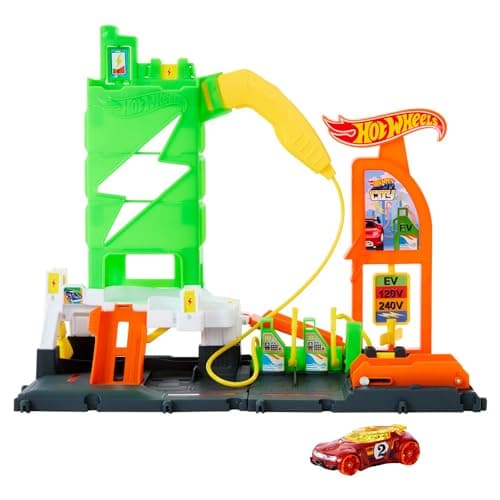 Image of Hot Wheels Let's Race Netflix - City Super Recharge Fuel Station Playset with EV Chargers and 1:64 Scale Toy Car, HTN79