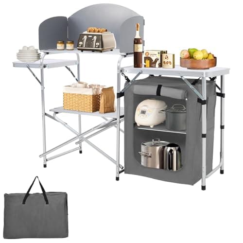 Image of Warmiehomy Folding Camping Storage Unit Portable Camping Kitchen Unit Camping Cupboard with Aluminium Frame, Grey #5,111 x 147 x 46 cm