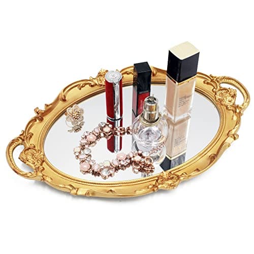 Image of Funerom Vintage Gold Mirror Tray - Decorative Bathroom & Serving Tray - Oval, 36.8 x 25.4 cm