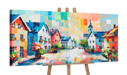 Image of YS-Art Original Handmade Colorful Village Street Painting Abstract Houses Acrylic Canvas Wall Art Modern Cityscape Artwork for Living Room Bedroom 45x20 inch