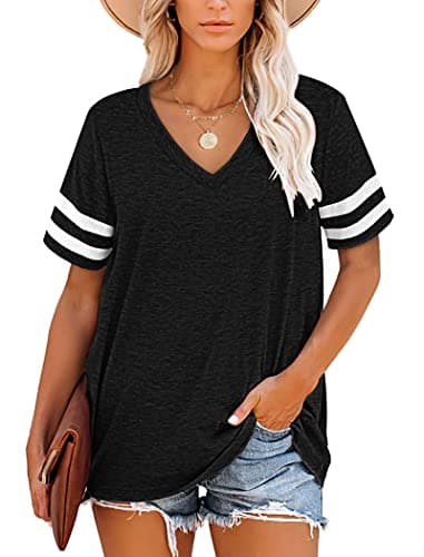 Image of MOLERANI Womens Tops Short Sleeve V Neck Striped Summer T Shirts Casual Loose Tee Black Size 14-16