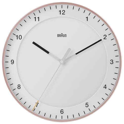 Image of Braun Classic Large Analogue Wall Clock with Silent Sweep Movement, Easy To Read, 30cm Diameter in Rose and White, model BC17PW.