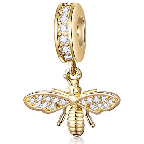 Image of Sparkling Queen Bee Charms Gold Plated 925 Sterling Silver Dangle Insects Garden Beads Clear CZ Compatiable with Pandora Charms Bracelet Necklace Gifts for Women/Wife/Mother/Sister