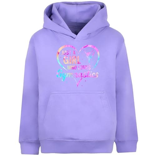 Image of Fringoo Gymnastic Hoodie for Kids Cotton Rich Soft Hooded Sweatshirt for Girls Pullover Jumper with Kangaroo Pocket Age 5-13 (UK, Age, 5 Years, 6 Years, Regular, PURPLE - Love Gymnastics)