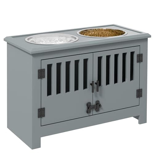 Image of PawHut Raised Dog Bowls for Large Dogs Feeding Station w/Stand, Storage - Grey