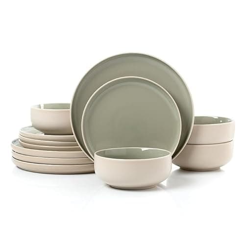 Image of Waterside 12pc Premium Green & Cream Coupe Stoneware Dinner Set; 4 Dinner Plates, Side Plates & Deep Bowls - Dishwasher & Microwave Safe - Matt & Shiny Effect