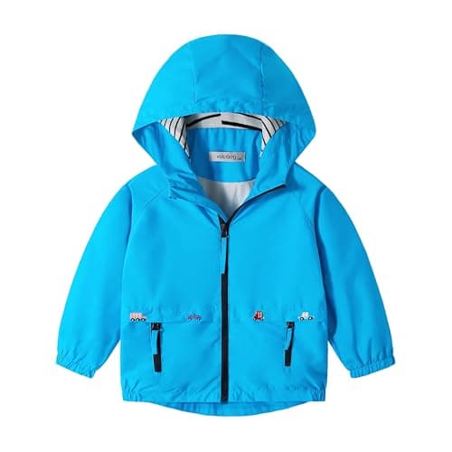 Image of Volunboy Little Boys Hooded Jacket, Cartoon Print Windproof Windbreaker Zip Coat Outwear（Sky Blue，Tag Size 120，4-5 Years）