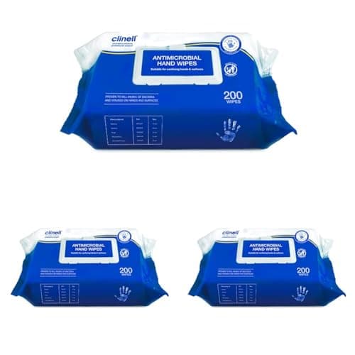 Image of Clinell CAHW200 Antibacterial Hand Wipe Suitable for Hands and Surfaces, 3 Pack of 200 wipes,15 x 10 x 12 centimeters