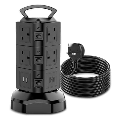 Image of Tower Extension Lead 2M, 10 Way (13A 3000W) Surge Protected Extension Sockets with 2 USB C and 2 USB A, Multi Plug Socket with 3 Independent Switches, Power Strip for Home, Office, Kitchen