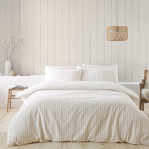 Image of Catherine Lansfield Brushed Stripe Cotton Reversible Super King Duvet Cover Set with Pillowcases Natural