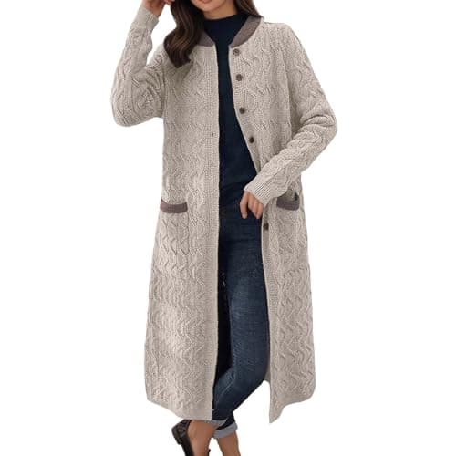 Image of Longline Cardigans for Women UK Lightweight Open Front Sweater Coat with Pockets Button Down Long Knitted Cardigan Calf-Length Oversized Casual Outwear (Beige, One Size)