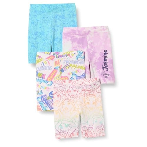 Image of Amazon Essentials Disney | Marvel | Star Wars | Frozen | Princess Girls' Bike Shorts, Pack of 4, Princess/Scribble, 6-7 Years