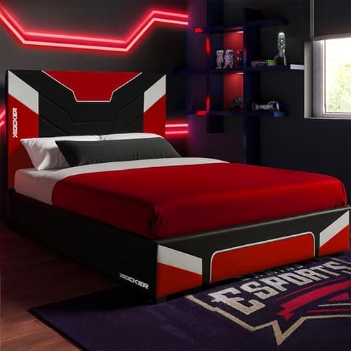 Image of X-Rocker Cerberus MKII 4ft6 Double, Gaming Upholstered Bed Frame - Flat-pack for Easy Assembly, Breathable Comfort, Wooden Slats, Wipe-Clean Faux Leather for Kids & Teens - Red - 135x190cm